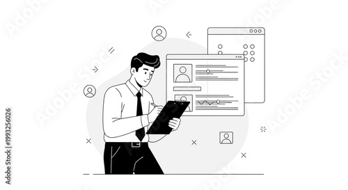 Recruitment specialist reviews candidate profile on digital screen, clipboard in hand