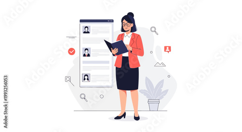 Recruitment Specialist Reviews Candidate Resumes on Digital Screen, Hiring Process Concept