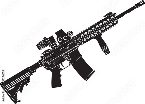 Tactical M4 Carbine Silhouette with Red Dot Sight and Magnifier - Modern AR-15 Assault Rifle Vector