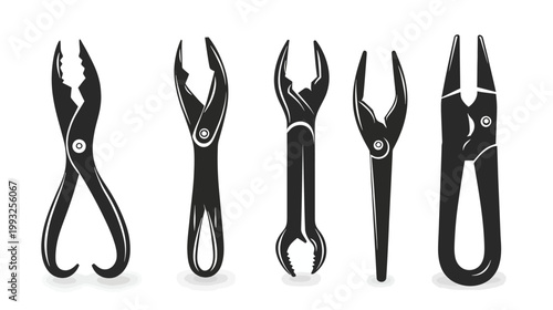 Black and white illustration featuring five different hand tools with various shapes on a white background