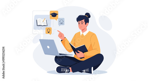 Student learning online with laptop and book, education concept illustration