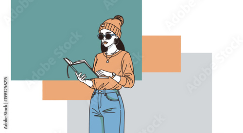 Stylish Woman Reading Book, Modern Illustration, Casual Style, Minimalist Design
