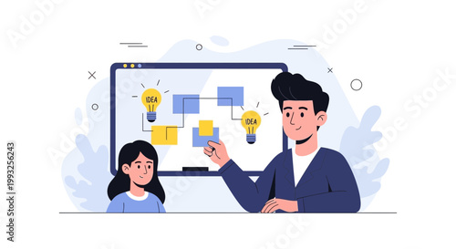 Teacher explaining idea flow chart on whiteboard to student, education concept