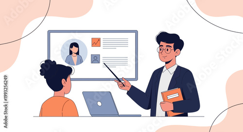 Teacher explaining online lesson to student on laptop and screen