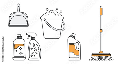 Comprehensive set of household cleaning supplies including a bucket mop spray bottles dustpan and detergents.