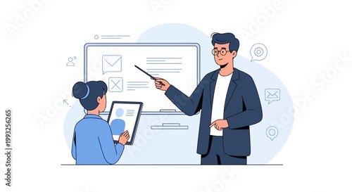 Teacher instructing student with tablet near whiteboard, online education concept