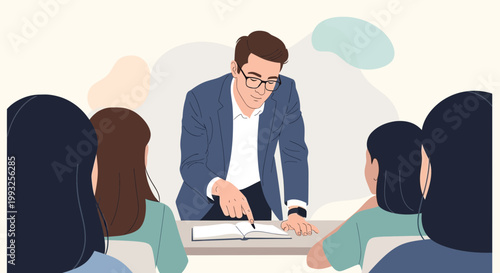 Teacher pointing at book, educating students in classroom setting, focus on learning