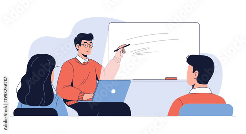 Teacher presenting on whiteboard with laptop, students learning in classroom