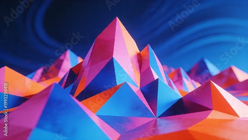  is a digital artwork featuring a vibrant and abstract geometric landscape. It consists of a series of sharp, angular shapes resembling mountains or crystals, arranged in a dynamic composition. The sh