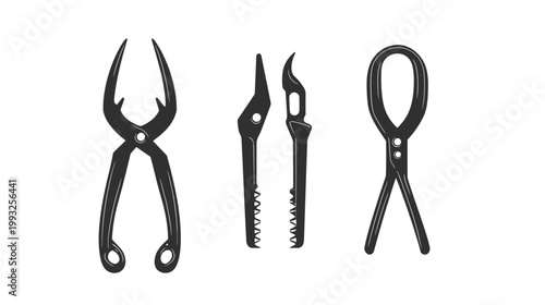 Three types of dark, grungy, outlined metal tools.  Some are pliers, some have serrated edges