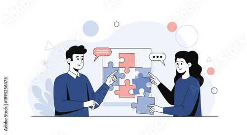 Teamwork puzzle solution, business people collaborating on strategy, problem solving concept illustration