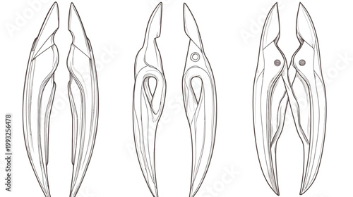 A detailed sketch presenting various views of a tool, rendered in black and white, against a white background