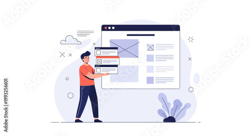 Web design concept: developer building website layout with wireframe elements