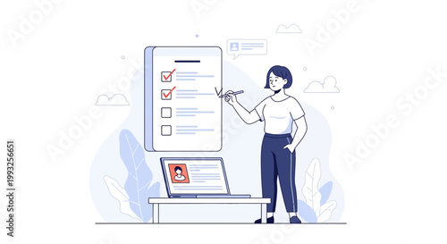 Woman checking off tasks on a large checklist, modern illustration