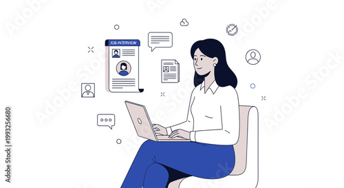 Woman doing online job interview on laptop, resume and chat icons