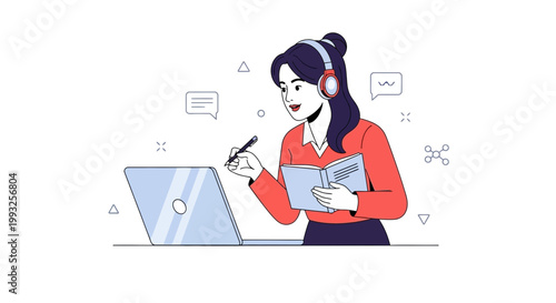 Woman learning online with laptop, headphones, book, and pen
