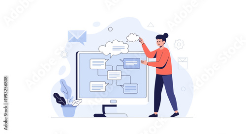 Woman Interacting with Digital Flowchart on Computer Screen, Cloud Technology Concept