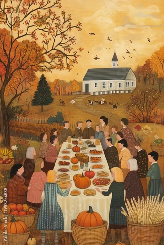 A festive, folk-art-style illustration of people gathered around a large table, enjoying fresh food, with baskets of pumpkins, apples, and wheat.