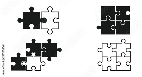 Black and white puzzle pieces arranged in connected and separated forms