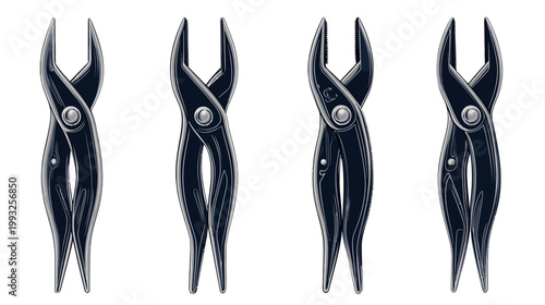 Four stylized renderings of metal pliers against a stark white backdrop