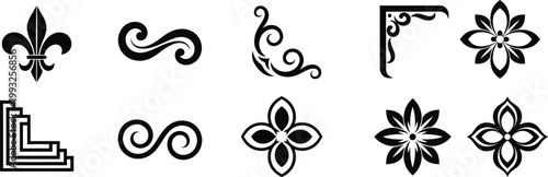 Collection of black and white ornamental flourishes and symbols