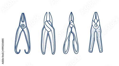 Four stylized depictions of pliers, each with a unique design, on a stark white background