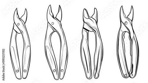 A monochrome illustration showcasing four different types of dental extraction forceps