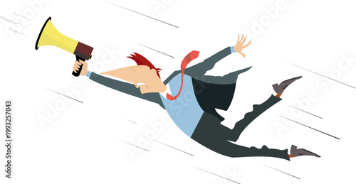 Flying man with megaphone. News. Advertisement