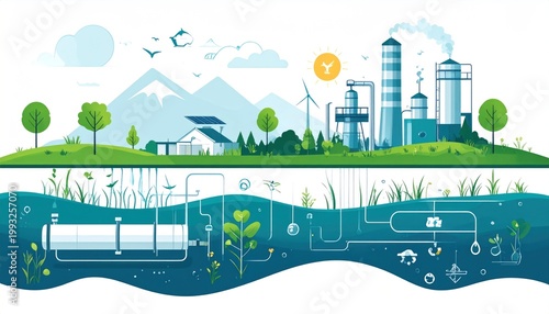 Sustainable City and Water Treatment Plant Illustration.