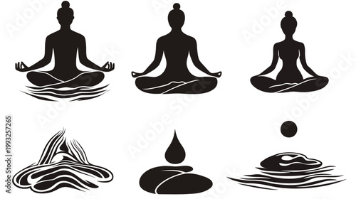 Silhouetted figures in yoga poses and abstract water-like graphics, ideal for meditation and spiritual themes