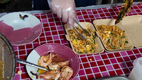 Serving Fresh Pad Thai Into Takeaway Boxes Thai Street Food Close-Up 4K