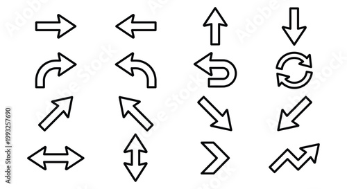 Collection of simple black and white arrow icons with varied directions