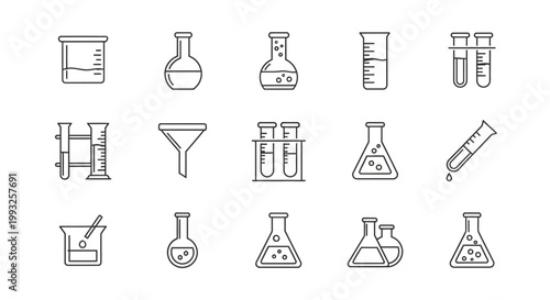 Minimalist outline illustration of laboratory glassware representing scientific research
