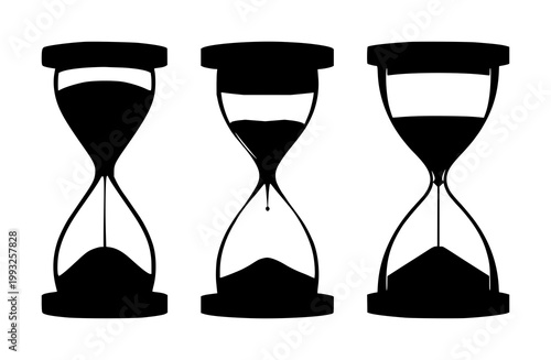 Black silhouette, white background: sand timer set with simple line art design featuring simple design, minimalist, black and white with illustrations and graphics