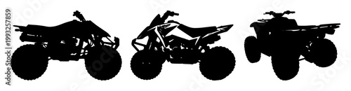 Quad bike set with black silhouette on white background featuring quad machine, offroad vehicle, two-wheeled transport with cycling and sport
