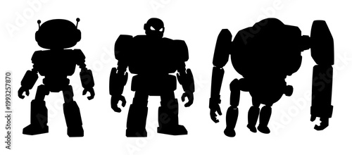 Black silhouette, white background: robot set with simple line art design featuring sketches, drawings, vector graphics with minimalist and simple illustrations
