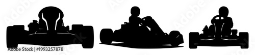 Black silhouette, white background: go kart set with simple line art design featuring sketches, drawings, vector graphics with minimalist and simple illustrations