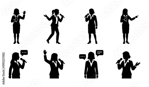 Photos Business Woman Speaker Silhouettes, 8 Vector Icons Set, Presentation, Speech, Pu