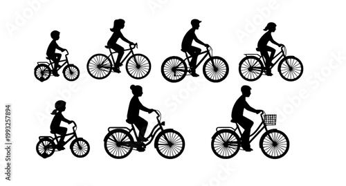 Cartoon bicycle collection with various bike models for adults and children isolated on white background