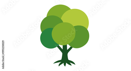 Minimalist representation of a leafy tree with circular foliage and a dark brown trunk.
