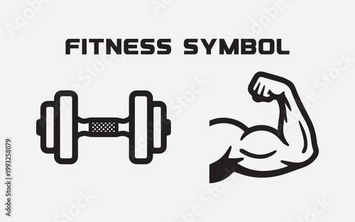 Fitness symbols icon set with dumbbell and muscular arm, gym workout vector