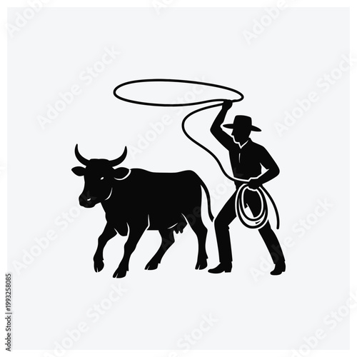 Silhouette illustration of a cowboy using a lasso to herd a bull or cow.