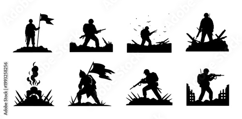 Foto Military Soldier Silhouettes, War Scene Vectors, Victory Flag and Combat Graphic