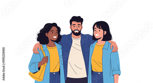 Three young multiracial friends smiling and hugging each other demonstrating friendship and unity together.