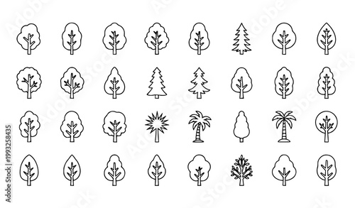 A collection of diverse tree icons in a minimalist black and white line art style showcasing various tree types