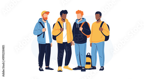 Group of four male students with backpacks standing together representing back to school or university life.