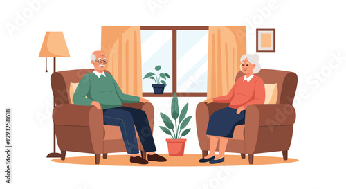 Happy senior man and woman sit in comfortable armchairs and have a friendly conversation in a cozy living room near a window.