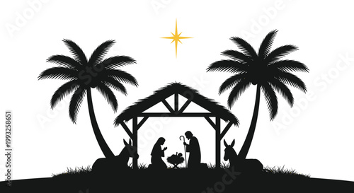 Silhouette of the nativity scene with Mary and Joseph in a stable under palm trees and the bright star of Bethlehem in the sky.