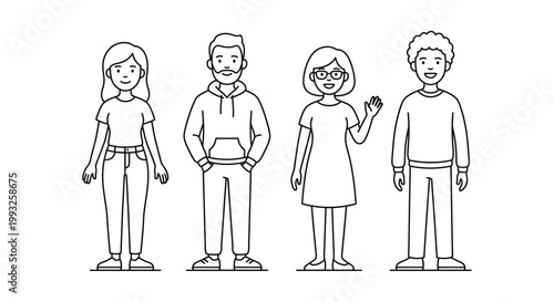 Line drawing of four diverse people standing in a row facing forward