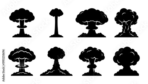 Photos Explosion Icons, Nuclear Blast Silhouettes, Mushroom Cloud Set, Atomic Bomb Impa